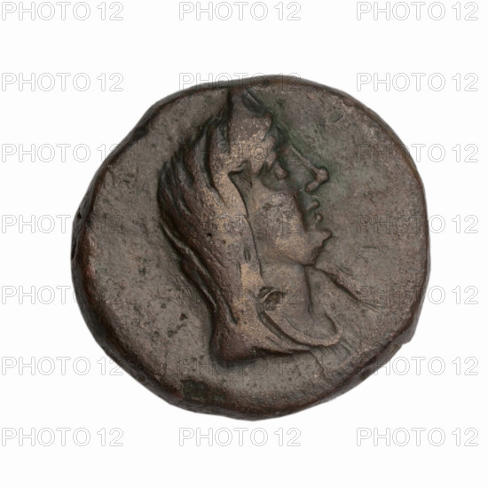 bronze coin, Phanagoria (as Agrippias), woman's head (iconographic), prora (iconographic), woman's head in diadem and veil (iconographic), Aphrodite (mythological) (bust), marbles, Black Sea, Aphrodite's head (iconographic), Aphrodite Urania (iconographic), Aphrodite Urania's head (iconographic), ships, vessels, woman's head in diadem and veil (Aphrodite Urania ?) facing right, pearl-rimmed; reverse: prora facing left, inscription above her in two rows, two dots below her, H on the right, pearl-rimmed; end I century BC, Cimmerian Bosporus, Phanagoria (as Agrippias), coin, weight 7.96 g, dimension 1 20 mm, dimension 2 21.3 mm