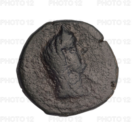 Bronze coin, end 1st century BC, Cimmerian Bosporus, Phanagoria. Obverse: head of a woman in a diadem and veil (Aphrodite Urania?), facing right, pearl-like rim. Reverse: prora (ship prow) facing left; inscription above in two rows, three dots below, letter H on right; pearl-like rim. Iconography: head of a woman (Aphrodite), bust, ships/vessels. Weight 7.76 g; diameter 21.7–22.2 mm.