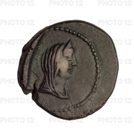 Bronze coin, Phanagoria, (as Agrippias), prora (iconographic); obverse: head of a woman in a diadem and veil (iconographic), head of a woman (iconographic), Aphrodite (mythology) (bust), head of Aphrodite (iconographic), Aphrodite Urania (iconographic), head of Aphrodite Urania (iconographic), ships, vessels; description: head of a woman in a diadem and veil (Aphrodite Urania ?) to the right, pearl rim; reverse: prora to the left, inscription above her in two rows, on the right H, pearl rim; end 1st century BC, Cimmerian Bosporus, Phanagoria; coin; weight 6.80 g; diameter ~22.2 mm.