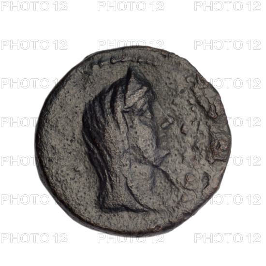Bronze coin, Phanagoria (as Agrippias), end 1st century BC, Cimmerian Bosporus. Obverse: head of a woman in a diadem and veil (possibly Aphrodite Urania) facing right, pearl-like rim. Reverse: prora (ship's prow) facing left, inscription above in two rows, four dots below, letter H on the right, pearl-like rim. Bust of Aphrodite (mythology) / head of Aphrodite Urania (iconography). Material: bronze; weight 6.20 g; diameter about 21.4–21.9 mm.
