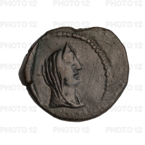 Bronze coin, Phanagoria (as Agrippias); obverse: head of a woman in a diadem and veil—Aphrodite Urania (?) facing right with pearl-like rim; reverse: prora facing left, inscription above in two rows, three dots below, to the right letter H, pearl-like rim. Iconography: prora, head of a woman, Aphrodite (bust), head of Aphrodite Urania, ships/vessels, balls. Date: end 1st century BC. Region: Cimmerian Bosporus, Phanagoria. Material: bronze. Weight: 6.13 g. Dimensions: 19.5 mm × 22.2 mm.
