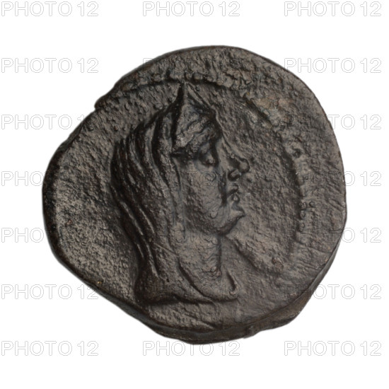 bronze coin, Phanagoria (as Agrippias), prora (iconographic), head of a woman in a diadem and veil (iconographic), Aphrodite/Aphrodite Urania (bust/head, iconographic), ships/vessels, pearl rim; obverse: head of a woman in a diadem and veil (Aphrodite Urania?) to the right, two-row inscription above, two dots below, right: H; reverse: prora to the left, inscription above, two dots below, right: H; end 1st century BC, Cimmerian Bosporus, Phanagoria; coin, bronze, weight 6.20 g, diameter ~22–22.4 mm
