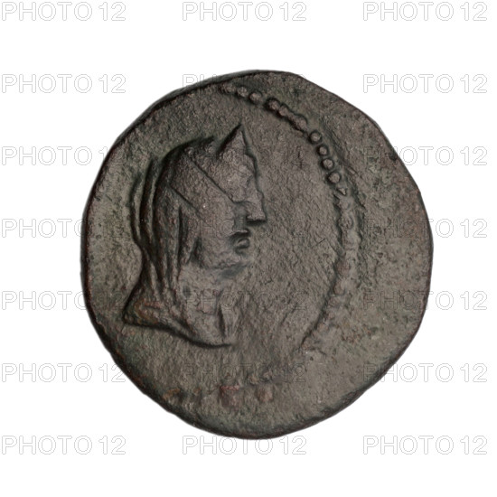bronze coin, Phanagoria (as Agrippias), prora (iconographic); obverse: head of a woman in a diadem and veil (possibly Aphrodite Urania) facing right, pearl-like rim; reverse: prora facing left, inscription above in two rows, four dots below, letter H on the right, pearl-like rim; head of Aphrodite (bust), ships/vessels; marbles; Black Sea; Terlecki, Ignacy (1860-1916) mentioned; end 1st century BC, Cimmerian Bosporus, Phanagoria; coin; weight 4.70 g; diameter 21.6 mm and 20.7 mm.