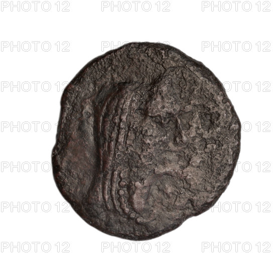 bronze coin, Phanagoria (as Agrippias); obverse: head of a woman in a diadem and veil—Aphrodite Urania?—to the right, pearl rim; reverse: prore (ship's prow) to the left, inscription above in two rows, dot below, letter H to the right, pearl rim; motifs: head/bust of Aphrodite, ships; Black Sea, Cimmerian Bosporus, Phanagoria; end 1st century BC; coin; weight 4.10 g; dimensions: 20.1 mm and 18.6 mm