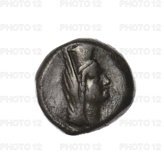 Bronze coin, Pantikapaion (as Kaisarea); obverse: woman's head in kalathos and veil (Aphrodite Urania?) facing right, pearl rim; reverse: scepter vertically, inscription in two rows on both sides, dot below on the left, H on the right, pearl rim. Iconography: scepters, woman's head, Aphrodite (mythological), Aphrodite Urania; Black Sea. Maker/attribution: Terlecki, Ignacy (1860–1916) [maker?]. Date: end of 1st century BC. Culture/place: Cimmerian Bosporus, Pantikapaion (as Kaisarea). Object type/material: coin, bronze. Weight: 9.30 g. Axis: 30 degrees. Dimensions: 20.5 mm × 21.7 mm.