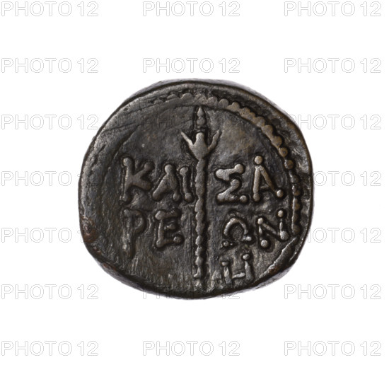 Bronze coin, Pantikapaion (as Kaisarea); obverse: woman's head in kalathos and veil (Aphrodite Urania?) facing right, pearl rim; reverse: scepter vertically, inscription in two rows on both sides, dot below on the left, H on the right, pearl rim. Iconography: scepters; woman's head (iconographic); Aphrodite (mythological); Aphrodite Urania (iconographic). Date: end of 1st century BC. Region: Cimmerian Bosporus, Pantikapaion. Object type: coin. Weight: 9.30 g. Axis: 30 degrees. Dimensions: 20.5 mm × 21.7 mm.