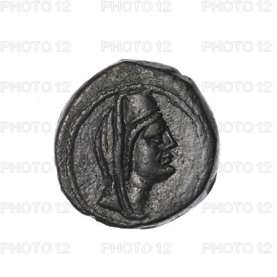 Bronze coin, Pantikapaion (as Kaisarea), end of the 1st century BC, Cimmerian Bosporus. Aw: woman's head in kalathos and veil (Aphrodite Urania?) facing right, pearl rim. Rw: scepter vertically, inscription in two rows on both sides, in the right field H, pearl rim. Iconography: woman's head; Aphrodite; Aphrodite Urania. Coin. Weight 9.20 g. Dimensions: 21.3 mm × 21 mm. Maker: Terlecki, Ignacy (1860–1916) (attribution).