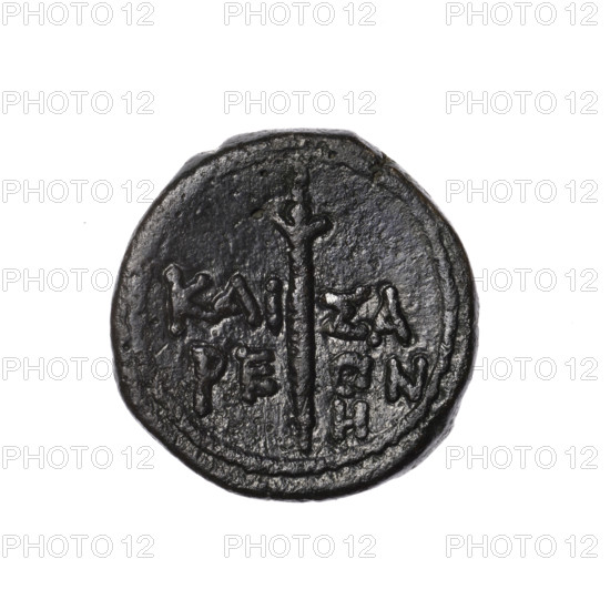 bronze coin, Pantikapaion (as Kaisarea), scepters, woman's head (iconographic), woman's head in kalathos and veil (iconographic), Aphrodite (mythology), Aphrodite Urania (iconographic), head of Aphrodite Urania (iconographic); obverse: woman's head in kalathos and veil (Aphrodite Urania?) facing right, pearl rim; reverse: scepter vertically, inscription in two rows on both sides, in the right field H, pearl rim; end of the 1st century BC, Cimmerian Bosporus, Pantikapaion (as Kaisarea); coin; weight 9.20 g; diameter ~21.3 mm x 21 mm