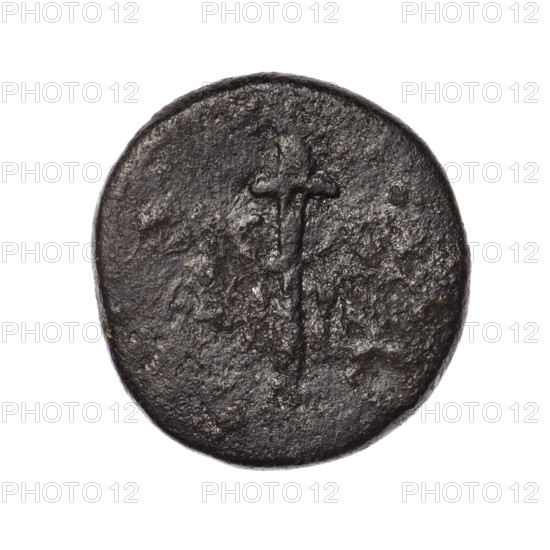 bronze coin, Pantikapaion (Kaisarea), end of the 1st century BC; obverse: bust of a woman in a mural crown and a veil (Aphrodite Urania?) facing right, pearl rim; reverse: torch vertically, inscription in two rows on both side, H on the right, pearl rim; Cimmerian Bosporus; weight 7.62 g; diameters 23.2 mm and 22 mm.