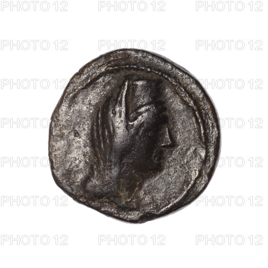 Bronze coin, Pantikapaion (as Kaisarea); obverse: woman's head in kalathos and veil (Aphrodite Urania?) facing right, pearl-rimed; reverse: scepter vertically, inscription in two rows on both sides, dot on the top right, H at the bottom, pearl-rimed. Iconography: woman's head, Aphrodite (Aphrodite Urania). Black Sea, Cimmerian Bosporus, Pantikapaion. Maker: Terlecki, Ignacy (1860–1916). Date: end of 1st century BC. Coin; weight 7.16 g; diameters 21.9 mm and 21.7 mm.