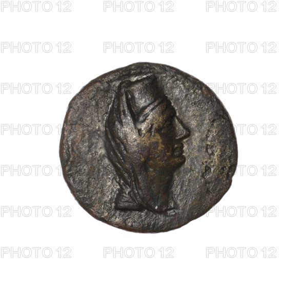 bronze coin, Pantikapaion (as Kaisarea), scepters, woman's head (iconographic), woman's head in kalathos and veil (iconographic), Aphrodite (mythological), balls, Aphrodite Urania (iconographic), head of Aphrodite Urania (iconographic), head of Aphrodite (iconographic), aw: woman's head in kalathos and veil (Aphrodite Urania?) facing right, pearl rim; rw: scepter vertically, inscription in two rows on both sides, two dots below on the left, H on the right, pearl rim; end of 1st century BC, Cimmerian Bosporus, Pantikapaion (as Kaisarea), coin, weight 6.90 g, dimension 1 21.3 mm, dimension 2 22.1 mm