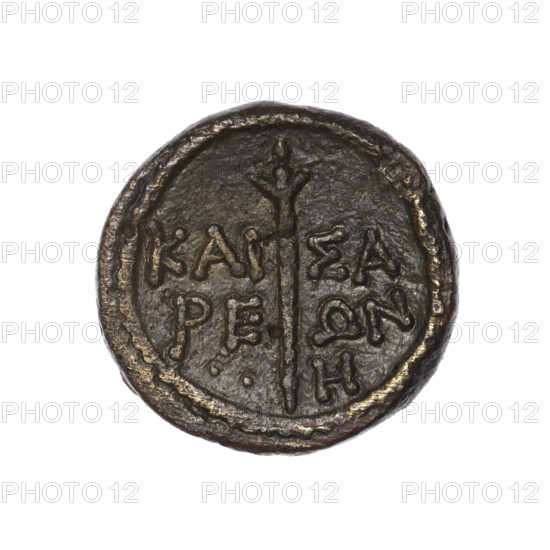 bronze coin, Pantikapaion (as Kaisarea); obverse: woman's head in kalathos and veil (Aphrodite Urania?) facing right, pearl rim; reverse: scepter vertically, inscription in two rows on both sides, two dots below on the left, H on the right, pearl rim; iconography: woman's head, Aphrodite (Aphrodite Urania); balls; Black Sea; maker/date: end of 1st century BC; region: Cimmerian Bosporus, Pantikapaion; material: bronze; type: coin; weight 6.90 g; dimensions 21.3 mm × 22.1 mm