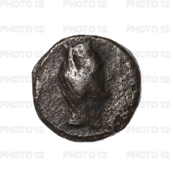 Bronze coin, Pantikapaion (as Kaisarea). Obverse: woman's head in kalathos and veil (Aphrodite Urania?), facing right, pearl rim. Reverse: scepter vertically, inscription in two rows on both sides, with letter H in the right field, pearl rim. Iconography: woman's head (Aphrodite/Aphrodite Urania), scepters. Date: end of 1st century BC. Culture/place: Cimmerian Bosporus, Pantikapaion. Weight: 6.70 g. Dimensions: 20.8–21.1 mm. Maker: Terlecki, Ignacy (1860–1916) noted.