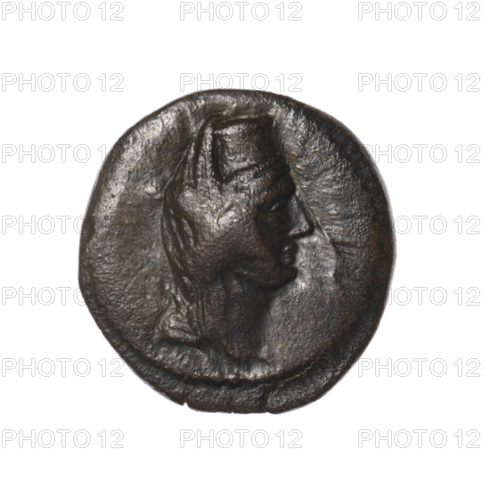 Bronze coin, Pantikapaion (as Kaisarea). Obverse: woman's head in kalathos and veil (Aphrodite Urania?) facing right, pearl rim. Reverse: scepter vertical; inscription in two rows on both sides, letter H in right field, pearl rim. Iconography: woman's head (Aphrodite/Urania), scepters. Date: end of 1st century BC. Place: Cimmerian Bosporus, Pantikapaion. Coin type: coin; weight 6.60 g; axis 30°; diameter 22.6 mm × 21.8 mm. Maker: Terlecki, Ignacy (1860–1916) noted (maker attribution).