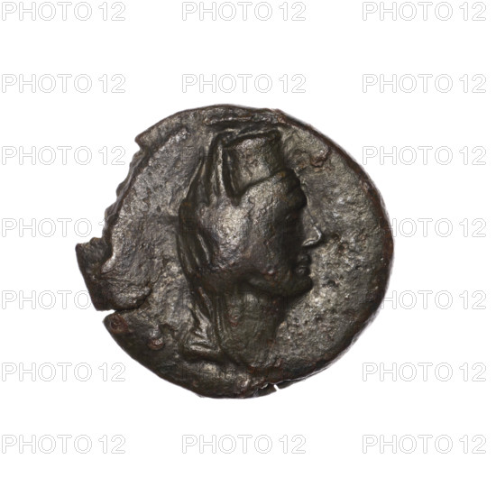 bronze coin, Pantikapaion (as Kaisarea), scepters, woman's head (iconographic), woman's head in kalathos and veil (iconographic), Aphrodite (mythological), balls, Aphrodite Urania (iconographic), head of Aphrodite Urania (iconographic); aw: woman's head in kalathos and veil (Aphrodite Urania?) facing right, pearl rim; rw: scepter vertically, inscription in two rows on both sides, dot below on the left, H on the right, pearl rim; end of 1st century BC, Cimmerian Bosporus, Pantikapaion (as Kaisarea), coin, weight 5.30 g, axis 30 degrees, dimension 1 20.8 mm, dimension 2 22.5 mm