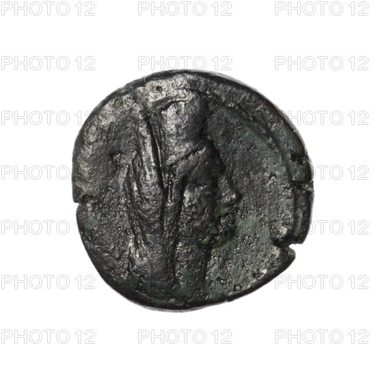 Bronze coin, Pantikapaion (as Kaisarea); obverse: woman's head in kalathos and veil (Aphrodite Urania?) facing right, pearl rim; reverse: scepter vertically, inscription in two rows on both sides, below on the left H, pearl rim. Iconography: woman's head, Aphrodite, Aphrodite Urania. Date: end of the 1st century BC. Region: Cimmerian Bosporus, Pantikapaion. Coin; weight 6.50 g; axis 30°; dimensions 21.5 mm × 21.2 mm.