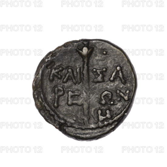 Bronze coin, Pantikapaion (as Kaisarea); obverse: head of a woman in a kalathos and veil (Aphrodite Urania?) facing right, pearl-shaped rim; reverse: scepter vertically, inscription in two rows on both sides, dot on the top right, H at the bottom, pearl-shaped rim; iconography: scepters, head of a woman in a kalathos and a veil, Aphrodite/Aphrodite Urania, head of Aphrodite, balls; Black Sea, Cimmerian Bosporus; maker/attribution: Terlecki, Ignacy (1860–1916) noted; date: end of the 1st century BC; place: Pantikapaion (Kaisarea); coin, bronze; weight 5.15 g; axis 330°; dimensions: 20.7 mm × 20.6 mm.