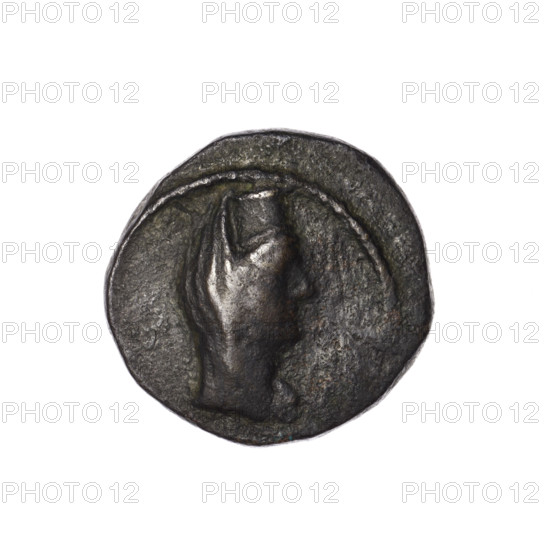 Bronze coin, Pantikapaion (as Kaisarea); obverse: woman's head in kalathos and veil (Aphrodite Urania?) facing right, pearl rim; reverse: scepter vertically, inscription in two rows, H in right field, pearl rim. Iconography: woman's head, Aphrodite, Aphrodite Urania. Date: end of the 1st century BC. Place: Cimmerian Bosporus, Pantikapaion (like Kaisarea). Coin; weight 5.05 g; dimensions 20.3 mm and 21.1 mm.