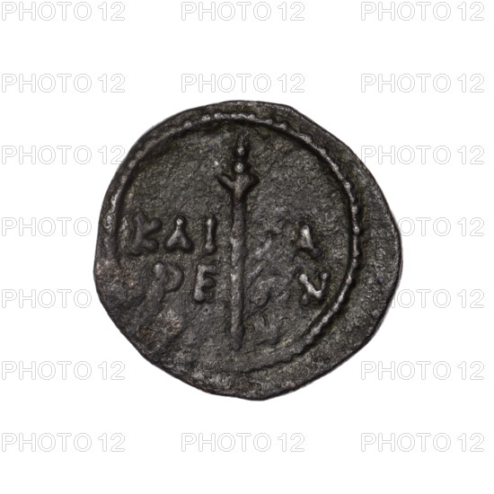 Bronze coin, Pantikapaion (as Kaisarea), end of the 1st century BC, Cimmerian Bosporus. Obverse: woman's head in kalathos and veil (Aphrodite Urania?) facing right, pearl rim. Reverse: scepter vertically, inscription in two rows on both sides, letter H in right field, pearl rim. Iconography: scepters; woman's head (Aphrodite Urania). Weight 5.05 g; dimensions 20.3–21.1 mm. Maker: Terlecki, Ignacy (1860–1916)