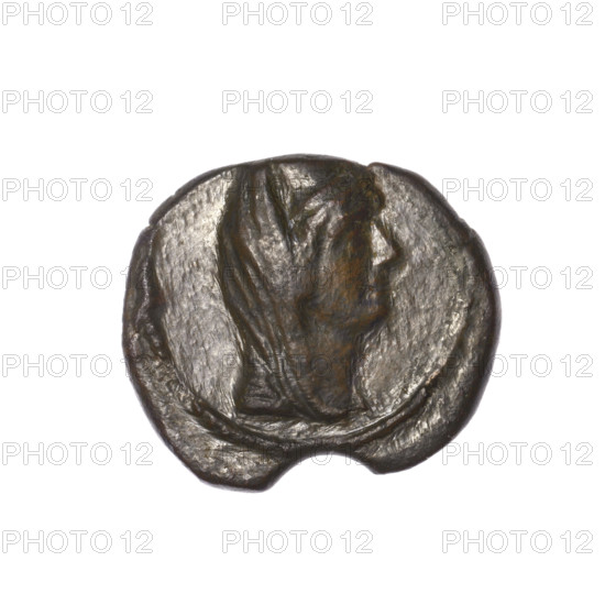 bronze coin, Pantikapaion (as Kaisarea); obverse: woman's head in kalathos and veil (Aphrodite Urania?) facing right, pearl rim; reverse: scepter vertically, inscription in two rows, below on the left H, on the right a dot, pearl rim; iconography: woman's head, woman's head in kalathos and veil, Aphrodite, Aphrodite Urania, head of Aphrodite Urania; balls; Black Sea; maker: Terlecki, Ignacy (1860–1916) [maker]; end of the 1st century BC; Cimmerian Bosporus, Pantikapaion (as Kaisarea); coin; weight 4.67 g; dimensions: 19.1 mm × 21.9 mm.