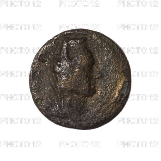 Bronze coin, Pantikapaion (as Kaisarea); obverse: woman's head in kalathos and veil (Aphrodite Urania?) facing right, pearl rim; reverse: scepter vertically, inscription in two rows on both sides, in the right field H, pearl rim. Subject/iconography: scepters; woman's head; Aphrodite; Aphrodite Urania. Date: end of the 1st century BC. Region: Cimmerian Bosporus, Pantikapaion. Coin; weight 4.65 g; dimensions 20.1 mm and 20.4 mm.