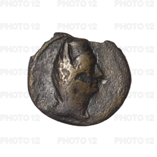 bronze coin, Pantikapaion (as Kaisarea), woman's head (iconographic), scepters, woman's head in kalathos and veil (iconographic), Aphrodite (mythological), Black Sea, Aphrodite Urania (iconographic), head of Aphrodite Urania (iconographic), aw: woman's head in kalathos and veil (Aphrodite Urania?) facing right, pearl rim; rw: scepter vertically, inscription in two rows on both sides, in the right field H, pearl rim; end of the 1st century BC, Cimmerian Bosporus, Pantikapaion (as Kaisarea), coin, weight 3.65 g, dimension 1 18.6 mm, dimension 2 21.5 mm