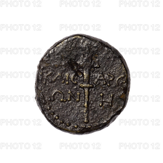 bronze coin, Pantikapaion (as Kaisarea); obverse: busts of a woman in a mural crown and a veil (Aphrodite Urania?) to the right, pearl rim; reverse: torch vertically, inscription in two rows on both sides, H on the right, pearl rim; busts of Aphrodite/Urania; Black Sea; end of the 1st century BC; Cimmerian Bosporus; coin; weight 6.78 g; diameters 21.6 mm and 20.5 mm