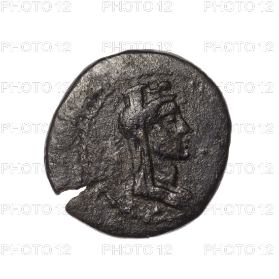 bronze coin, Pantikapaion (as Kaisarea); busts of a woman in a mural crown and a veil (Aphrodite Urania?) facing right with pearl rim; reverse: torch vertical, inscription in two rows on both sides, H on the right, pearl rim; busts of Aphrodite; Black Sea; Cimmerian Bosporus; end of the 1st century BC; coin; weight 5.60 g; diameter ~23.8–23.9 mm; maker/date: Pantikapaion.