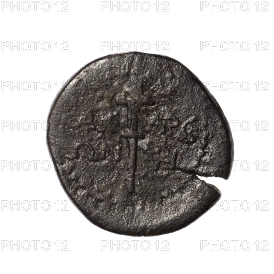 bronze coin, Pantikapaion (as Kaisarea); busts of a woman in a mural crown and a veil (Aphrodite Urania?) facing right, pearl rim; reverse: torch vertically, inscription in two rows on both sides, letter H on the right, pearl rim; busts of Aphrodite/Aphrodite Urania; Black Sea; end of the 1st century BC, Cimmerian Bosporus, Pantikapaion; coin; weight 5.60 g; diameter ~23.8–23.9 mm