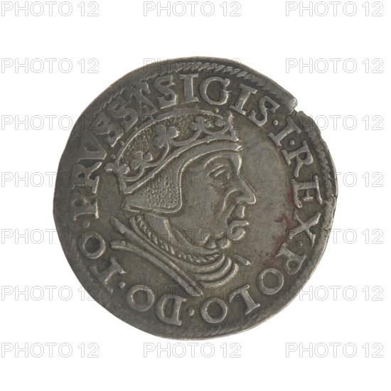 Gdansk trojak, Sigismund I the Old (king of Poland; 1467–1548). Obv.: Crowned male bust in profile turned right, inscription around the rim: .SIGIS.I.REX.POLO.DO.TO.PRVSS. Rev.: Inscription in five lines around the rim, date separated by a shield with the coat of arms of Gdansk: .III./GROSS AR/TRIP:CIVI:/GEDANEN/.15 - 38. 1538. Poland, Gdansk; coin (trojak); axis 45 degrees. Iconography: royal crown, royal bust, eagles, coats of arms, coats of arms of cities (Gdansk), Jagiellon dynasty.