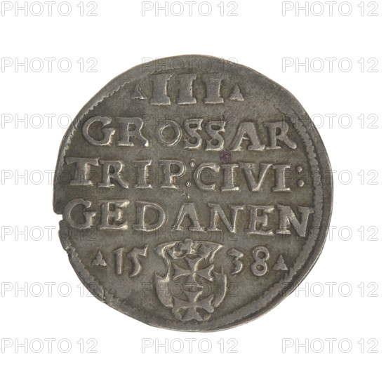 Gdansk trojak, Sigismund I the Old (king of Poland; 1467–1548). Obverse: crowned male bust in profile turned right, inscription around the rim: .SIGIS.I.REX.POLO.DO.TO.PRVSS. Reverse: inscription in five lines around the rim, date separated by a shield with the coat of arms of Gdansk: .III./GROSS AR/TRIP:CIVI:/GEDANEN/.15 - 38. 1538. Coin (trojak) from Gdansk, Poland; features royal crown iconography, Jagiellon dynasty references, eagles, coats of arms of cities (Gdansk coat of arms), royal bust iconography; axis 45 degrees.