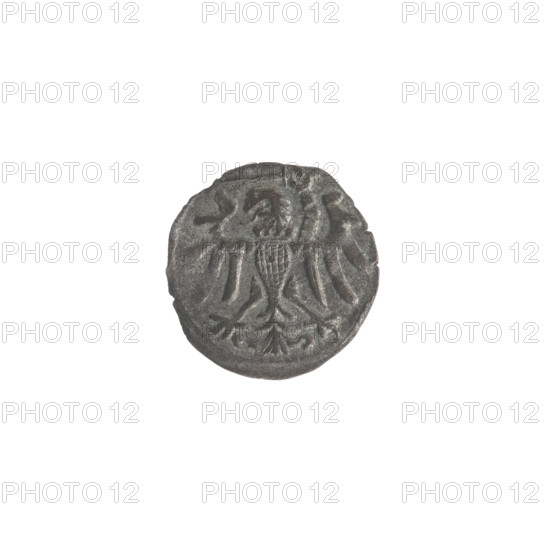 Gdansk denarius, Sigismund II Augustus (King of Poland; 1544–1572). Obverse: eagle of Royal Prussia in the rim. Reverse: coat of arms of Gdansk in the rim; numerals of the date 4 - 9, 1549 at sides. Features coats of arms, Jagiellon dynasty symbols, eagles. Polish coin. Diameter 12.1–12.5 mm, weight 0.35 g, axis 100°.