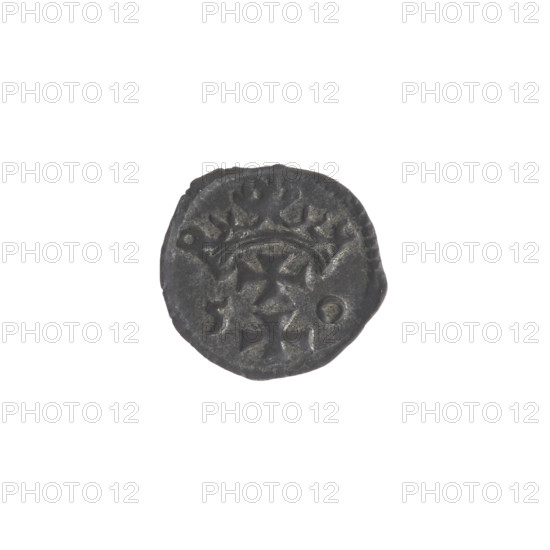 Gdansk denarius, Sigismund II Augustus (King of Poland; 1544–1572); coats of arms, Jagiellonians (dynasty), eagles, Gdansk (coat of arms), city coats of arms; Polish coin; Obv.: In the rim the Eagle of Royal Prussia; Rev.: In the rim the coat of arms of Gdansk, on the sides date numerals 5 - 0, 1550; Poland, Gdansk; coin: dia. 12.0 mm, dia. 13.0 mm, weight 0.30 g, axis 315 degrees