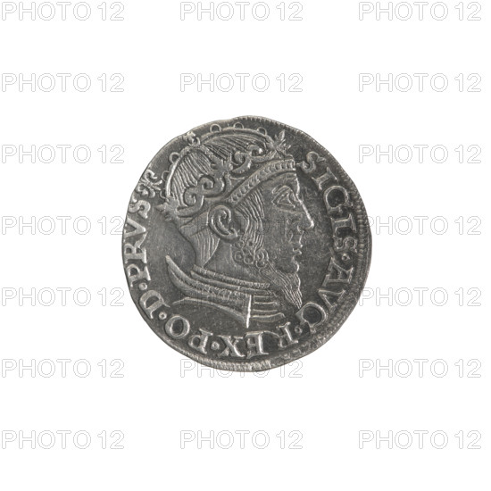 Gdansk trojak, Sigismund II Augustus (King of Poland; 1544–1572), royal bust, Gdansk (coat of arms), Polish coin, Sigismund II Augustus (King of Poland; 1520–1572) - iconography, Jagiellonians (dynasty), inscriptions, city coats of arms, male bust. Obv.: Crowned male bust in profile turned right, in the rim an inscription divided at the top, terminating in a lily: SIGIS.AVG.REX.PO.D.PRVS. Rev.: Below the number of values: .III. inscription: GROSS.AR/TRIP.CIVI/GEDANEN below year: .15 - 57. separated by a shield with the coat of arms of Gdansk, 1557, Poland, Gdansk, coin, axis 225 degrees