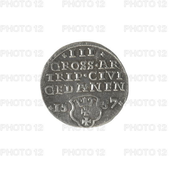 Gdansk trojak, Sigismund II Augustus (King of Poland; 1544–1572), royal bust, Gdansk coat of arms, Polish coin, iconography of Sigismund II Augustus (King of Poland; 1520–1572), Jagiellonian dynasty, inscriptions, city coat of arms, male bust. Obv.: Crowned male bust in profile turned right; in the rim an inscription divided at the top, terminating in a lily: SIGIS.AVG.REX.PO.D.PRVS. Rev.: Below the number of values: .III. inscription: GROSS.AR/TRIP.CIVI/GEDANEN; below, year: .15 - 57. separated by a shield with the coat of arms of Gdansk. 1557, Poland, Gdansk, coin, axis 225 degrees.