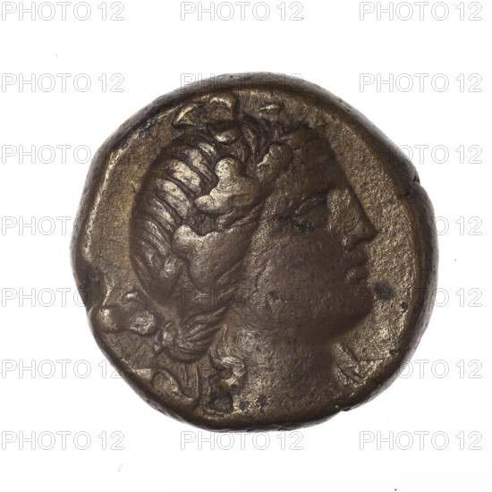 bronze coin, Pantikapaion, bow in a quiver (iconographic), head of Dionysus (iconographic), quivers (armed), gorytos (armed), monograms, Black Sea, Dionysus (mythology), bows (armed), weapons (iconographic), armament (iconographic); obv.: head of young Dionysus in an ivy wreath facing right; reverse: bow and arrows in a gorytos with straps, monogram on the right; end of 2nd - ca. mid. 1st century BC (time of Mithridates VI Eupator (120-63 BC)), Cimmerian Bosporus, Pantikapaion; coin; weight 23.28 g; axis 30 degrees; dimension 1 24.9 mm; dimension 2 25.2 mm