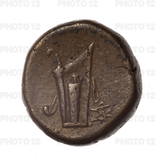 bronze coin, Pantikapaion; obverse: head of young Dionysus in an ivy wreath facing right; reverse: bow and arrows in a gorytos with straps, monogram on the right; iconography: bow in a quiver, quivers (armed), gorytos (armed), Dionysus (mythology), bows, weapons, armament; monograms; Black Sea region; ter of end of 2nd–ca. mid.1st century BC (time of Mithridates VI Eupator, 120–63 BC), Cimmerian Bosporus; coin; weight 23.28 g; axis 30 degrees; dimensions 24.9 × 25.2 mm; maker: Pantikapaion.