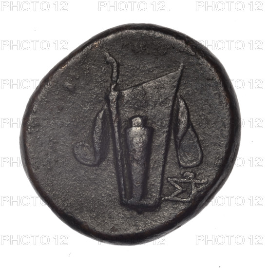 bronze coin from Pantikapaion; obverse: head of young Dionysus in an ivy wreath facing right; reverse: bow and arrows in a gorytos with straps, monogram on the right; iconography: bow in quiver, head of Dionysus, gorytos/quivers, weapons/armament; monograms present; associated with Dionysus (mythology); dated end of 2nd–mid 1st century BC (time of Mithridates VI Eupator, Cimmerian Bosporus); coin; weight 20.76 g; diameter ~27.9–28.5 mm