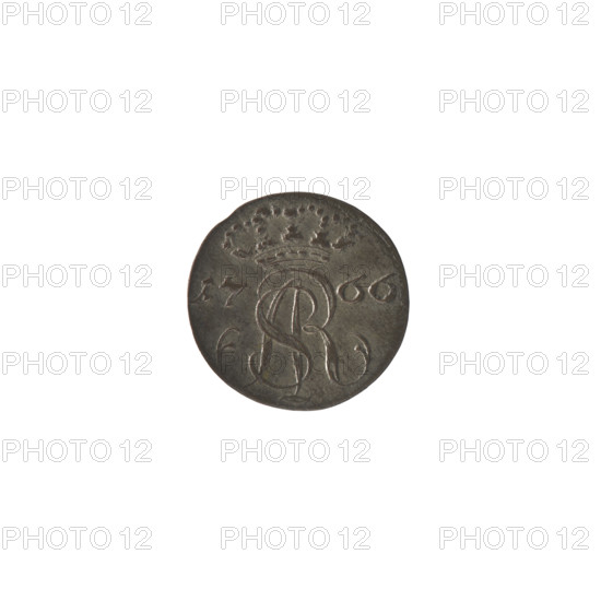 Gdansk szelag, Stanislaw August Poniatowski (king of Poland; 1764–1795). Obverse: under the crown, a bound monogram composed of the letters SAR; date 17 - 66 at sides; pearl border. Reverse: under a rosette, inscription in three lines: SOLID/CIVITAT/GEDAN; below, the Gdansk coat of arms; signature FL - S at sides; pearl border. 1766. Polish–Lithuanian Commonwealth (1569–1795), Gdansk, Poland. Coin; diameter 14.7–15.0 mm; weight 0.64 g.