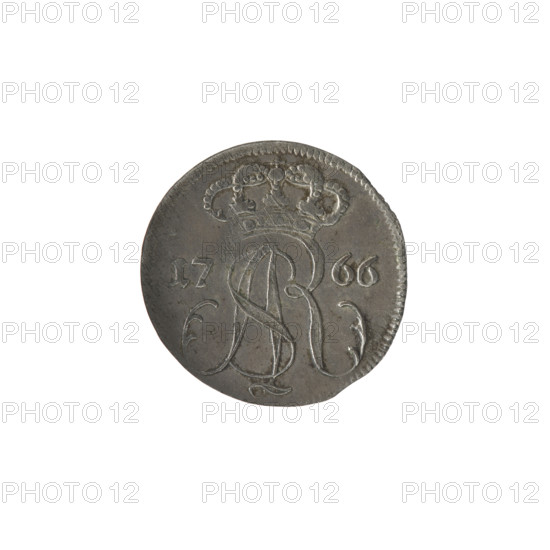 Gdansk triplet; maker: Stüber, Frederick Louis (fl. 1763/1766–1767). Obverse: under a crown, a tied royal monogram composed of the letters SAR, flanked by date numerals 17 - 66, pearl border. Reverse: Gdansk (Gedanensis) coat of arms supported by two lions, below signature 'FLS', around inscription beginning with a star '.GROSSVS TRIPLEX GEDANENSIS', pearl border. Date: 1766. Associated ruler: Stanislaw August Poniatowski (King of Poland; 1732–1798). Place: Gdansk, Polish–Lithuanian Commonwealth. Object: coin (city coin). Diameter: 19.4–20.0 mm. Weight: 1.62 g.