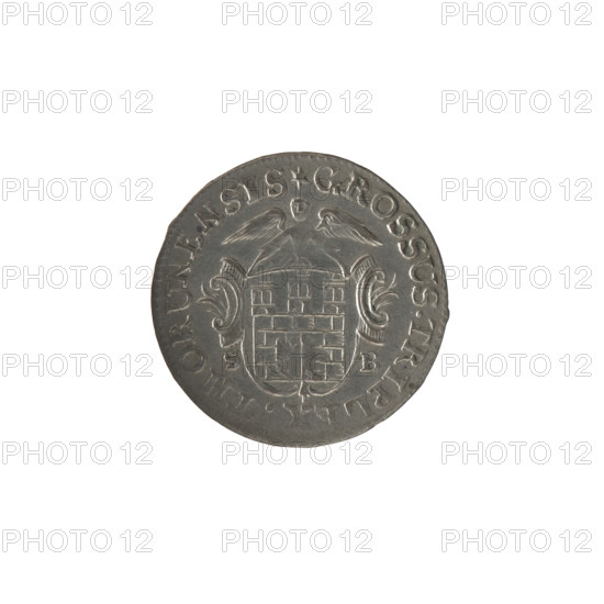 Torun trojak, Stanislaw August Poniatowski (King of Poland; 1764–1795), Brückmann, Szymon (fl. 1764–1768), monograms, royal monograms, tied monograms, Stanislaw August Poniatowski (King of Poland; 1732–1798), inscriptions, coats of arms, city coats of arms, Torun (coat of arms). Obv.: Under the crown, a tied monogram composed of the letters SAR, on the sides: 17 - 65, pearl border. Rev.: Shield with the Torun coat of arms held by an angel, on the sides signature: S - B, around an inscription beginning with a star .GROSSUS.TRIPLE. HORUNENSIS, pearl border, 1765. Polish–Lithuanian Commonwealth (1569–1795), Torun, Poland. Coin; diameter 19.8–20.0 mm, weight 1.38 g.