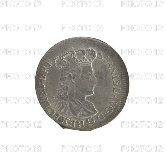 Six-coin (Gdansk), 1765. Obverse: Turned-right crowned bust of Stanislaw August Poniatowski in armour and mantle, wearing the Order of the White Eagle; inscription divided at top: STANISL:AVG:DGREX.POL, MDLRP; pearl border. Reverse: Oval shield with the coat of arms of Gdansk supported by two lions, above wreath with denomination VI, signature REOE. below; inscription divided: MON:ARGENT:CIVIT:GEDAN:1765; pearl border. Maker: Rudolf Ernest Oeckermann (1760–1765). Materials: silver coin. Diameter: 22.8–23.2 mm. Weight: 3.09 g. Place/period: Gdansk, Polish–Lithuanian Commonwealth (1569–1795).