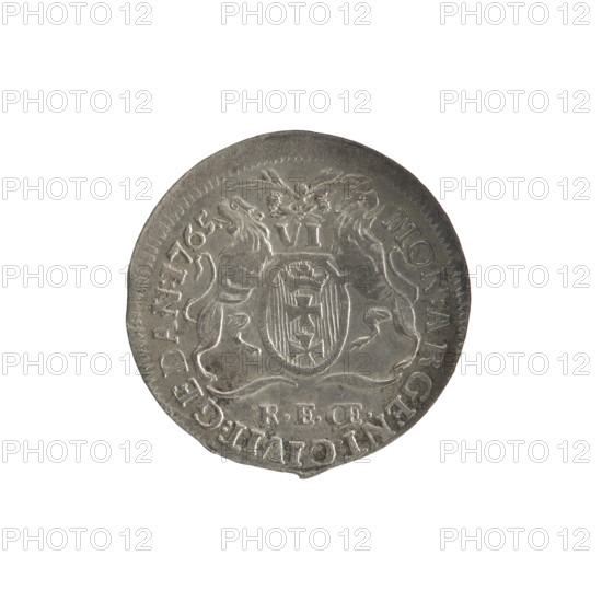 Six-coin of Gdansk depicting Stanislaw August Poniatowski (King of Poland; 1764–1795). Maker signature: Oeckermann, Rudolf Ernest (1760–1765). Obverse: crowned turned-right bust in armour and mantle wearing the Order of the White Eagle, legend divided at top: STANISL:AVG:DGREX.POL, MDLRP, with pearl border. Reverse: oval shield with the coat of arms of Gdansk supported by two lions; above, under a wreath, denomination: VI; at bottom signature: REOE.; legend divided around: MON:ARGENT:CIVIT:GEDAN:1765, with pearl border. Dated 1765. Polish–Lithuanian Commonwealth. Gdansk, Poland. Coin; diameters 22.8 mm and 23.2 mm; weight 3.09 g.