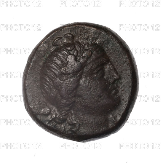 bronze coin, Pantikapaion; obv.: head of young Dionysus in an ivy wreath facing right; rv.: bow and arrows in a gorytos with straps, monogram on the right; iconography: bow in a quiver, head of Dionysus, gorytos, quivers, bows, weapons, armament; monograms; Dionysus (mythology); Black Sea; Cimmerian Bosporus, Pantikapaion; date: end of 2nd century–half of 1st century BC (time of Mithridates VI Eupator, 120–63 BC); coin; weight 17.84 g; dimensions 24.9 × 24.7 mm