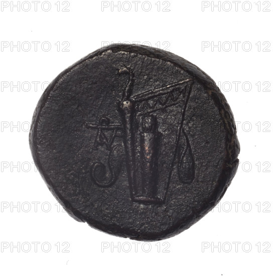 bronze coin, Pantikapaion; obverse: head of young Dionysus in an ivy wreath facing right; reverse: bow and arrows in a gorytos with straps, monogram on the left; iconography: bow in a quiver, head of Dionysus, quivers, gorytos, bows, weapons, armament; inscriptions/marks: monograms; provenance/region: Cimmerian Bosporus, Pantikapaion, Black Sea; date: end of 2nd–ca. mid. 1st century BC (time of Mithridates VI Eupator, 120–63 BC); maker: Terlecki, Ignacy (1860–1916) noted (name associated with the piece); object type: coin; material: bronze; weight: 17.60 g; dimensions: 24 mm × 26 mm