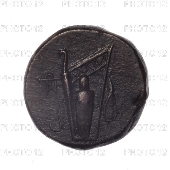 bronze coin, Pantikapaion, obv.: head of young Dionysus in an ivy wreath facing right; rv.: bow and arrows in a gorytos with straps, monogram on the left; iconography: bow in a quiver, head of Dionysus, gorytos, quivers, bows, weapons, armament; Dionysus (mythology); monograms; Black Sea; end of 2nd - ca. mid. 1st century BC (time of Mithridates VI Eupator, 120–63 BC); Cimmerian Bosporus; coin; weight 17.07 g; axis 30°; dimensions 24.9 × 25.3 mm