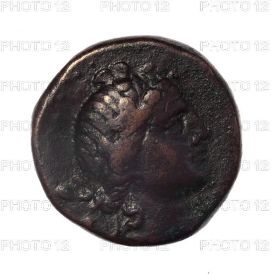 bronze coin, Pantikapaion; obverse: head of young Dionysus in an ivy wreath facing right; reverse: bow and arrows in a gorytos with straps, monogram on the left; iconography: bow in a quiver, head of Dionysus, gorytos, quivers, monograms, bows, weapons, armament; Dionysus (mythology); late 2nd – ca. mid 1st century BC (time of Mithridates VI Eupator, 120–63 BC); Cimmerian Bosporus; weight 16.30 g; axis 30°; dimensions 26.4 × 26.2 mm