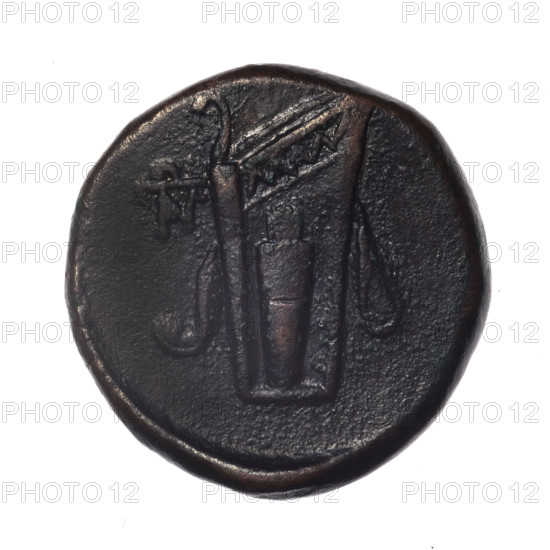 Bronze coin, Pantikapaion; obv.: head of young Dionysus in an ivy wreath facing right; reverse: bow and arrows in a gorytos with straps, monogram on the left; iconography: bow in a quiver, head of Dionysus, gorytos, quivers, bows, weapons, armament; Dionysus (mythology); monograms; Black Sea; end of 2nd–ca. mid. 1st century BC (time of Mithridates VI Eupator, 120–63 BC), Cimmerian Bosporus; coin; weight 16.30 g; axis 30°; dimensions 26.4 × 26.2 mm.