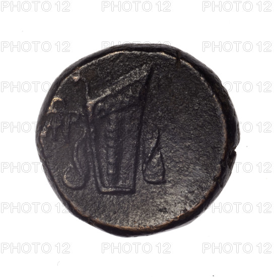 bronze coin, Pantikapaion; obverse: head of young Dionysus in an ivy wreath facing right; reverse: bow and arrows in a gorytos with straps, monogram on the left; iconography: bow in a quiver, head of Dionysus, quivers, gorytos, bows, weapons, armament; inscriptions/marks: monograms; provenance/region: Black Sea, Cimmerian Bosporus, Pantikapaion; date: end of 2nd–ca. mid. 1st century BC (time of Mithridates VI Eupator, 120–63 BC); material: bronze; function: coin; weight: 17.60 g; dimensions: 23.6 mm × 25.1 mm