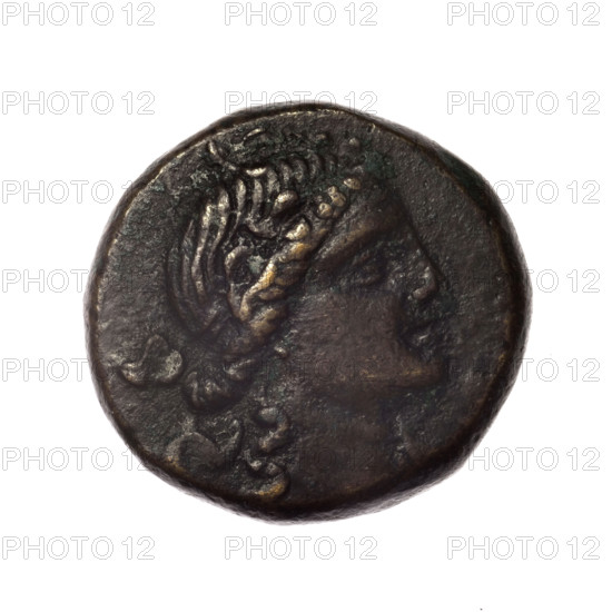 Bronze coin, Pantikapaion; obverse: head of young Dionysus in ivy wreath facing right; reverse: bow and arrows in a gorytos with straps, monogram on the left. Iconography: bow in quiver, head of Dionysus, quivers/gorytos, bows, weapons/armament; mythology: Dionysus; monograms. Date: end of 2nd — ca. mid 1st century BC (time of Mithridates VI Eupator, 120–63 BC). Region: Cimmerian Bosporus, Pantikapaion. Weight: 16.93 g. Dimensions: 23.4 mm × 24.8 mm.